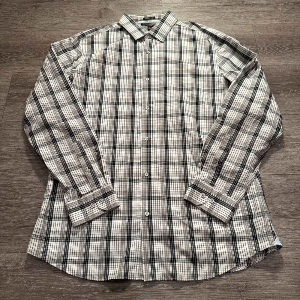 Banana Republic Shirt Men XL Gray Plaid 100% Cotton Grant Fit Preppy Classiccore